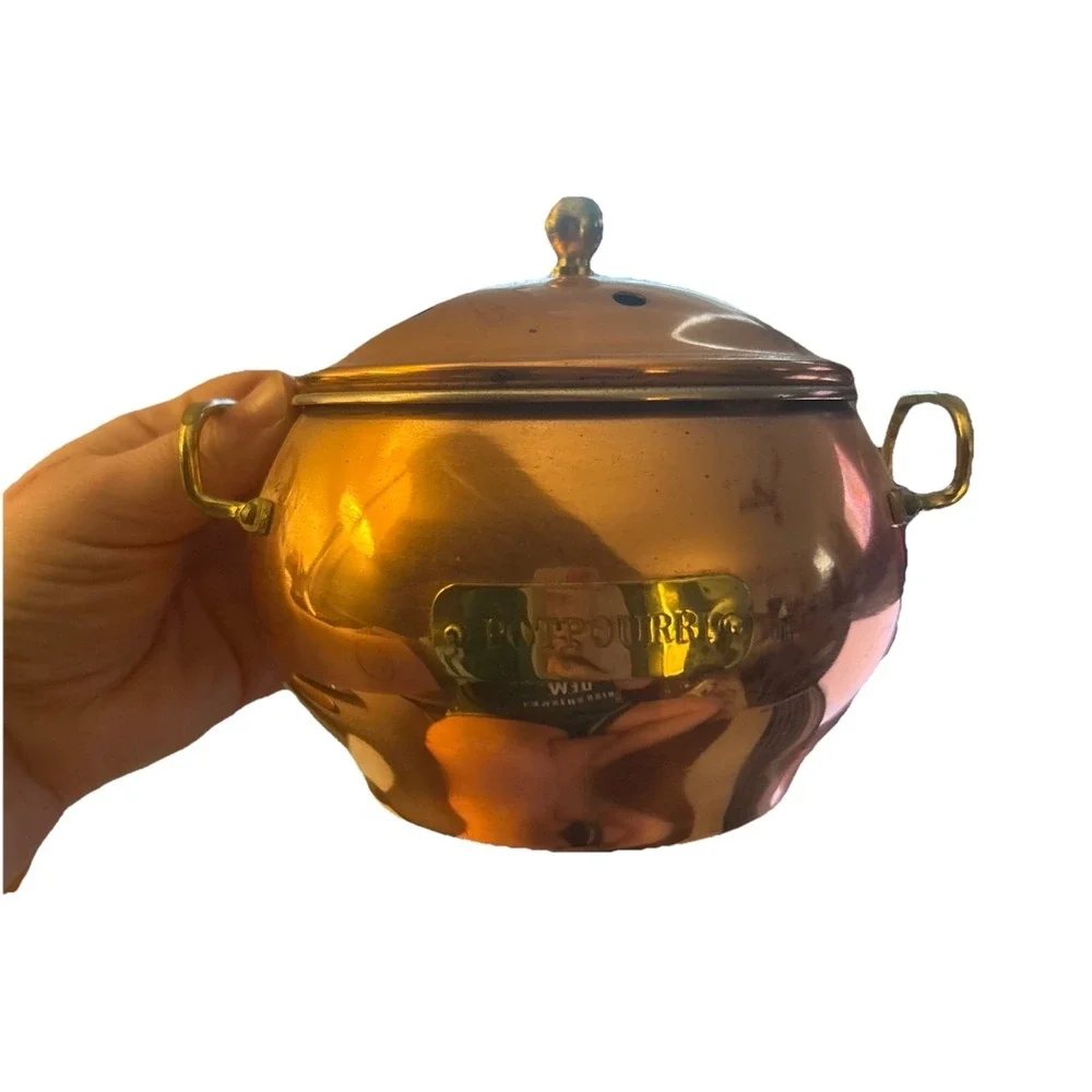 Vintage Copper Potpourri Pot w/ Lid Brass Handles Footed Bowl Container Used